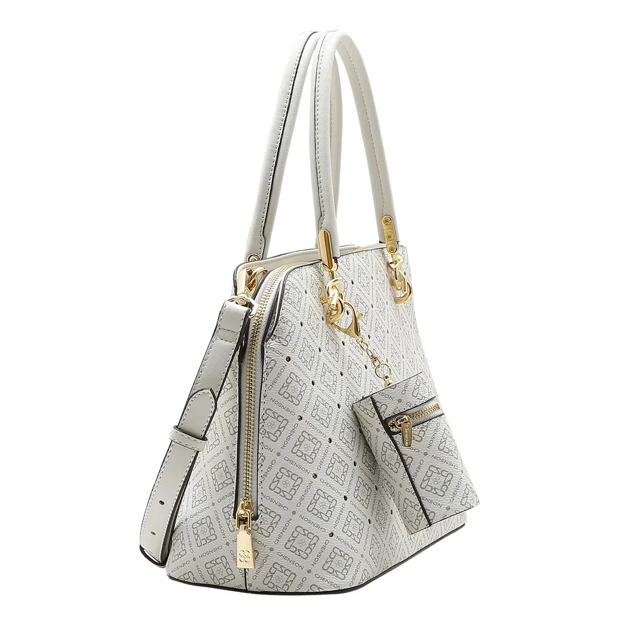 Bolsa Chenson off white vista lateral evidenciando design estruturado e profundidade